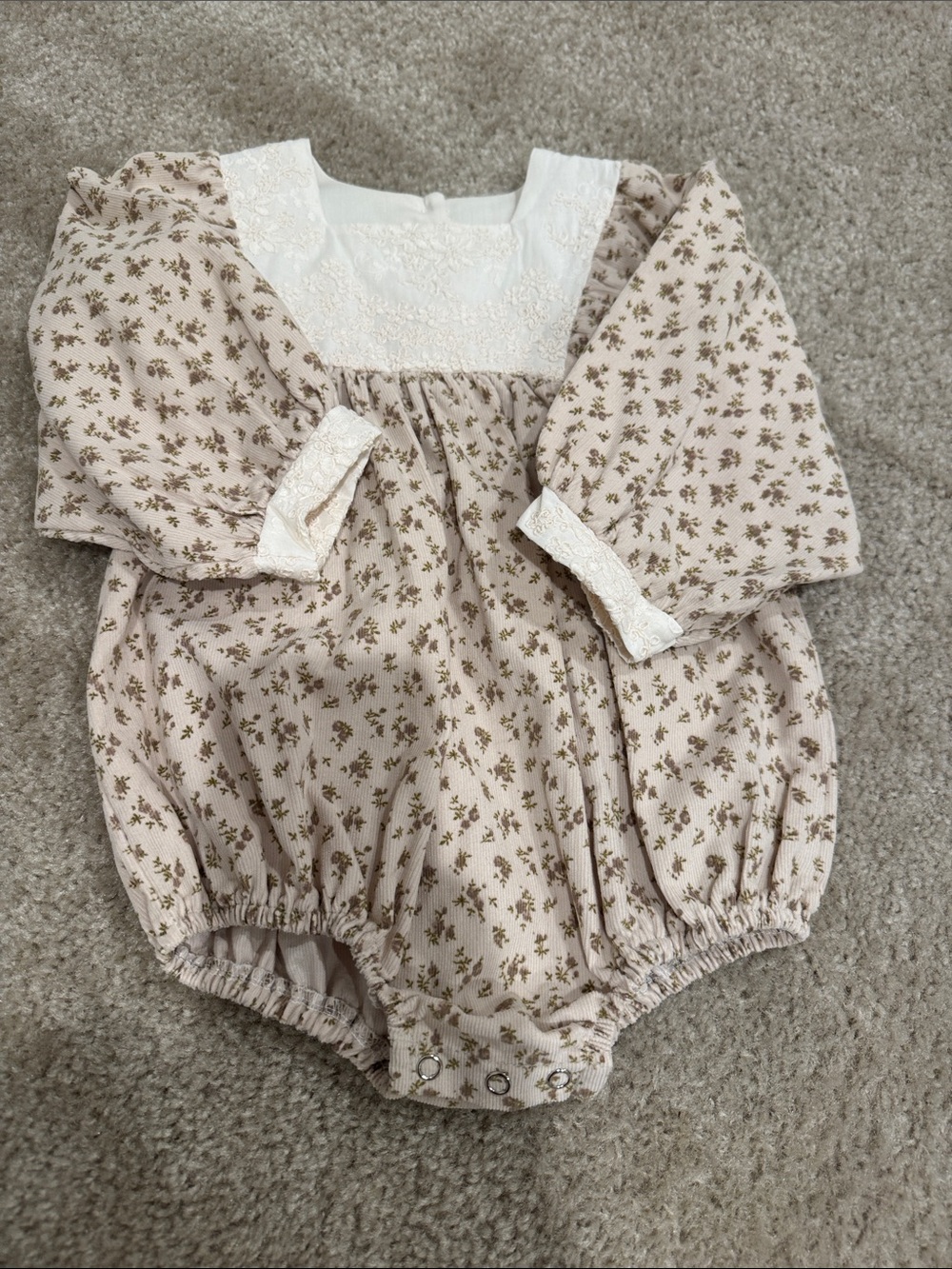 Cream Floral Baby Bubble Romper with Lace Yoke